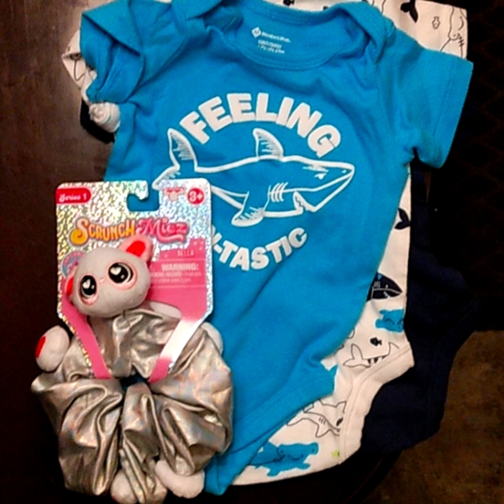 BABIES 0-3 MONTHS Members Mark bodysuits, Scrunchie, and Banzai DIVE RINGS